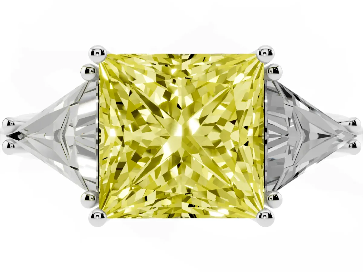 Fancy Yellow Three-Stone Princess Cut Diamond Engagement Ring with Trillion Side Stones and Prong Setting Silver
