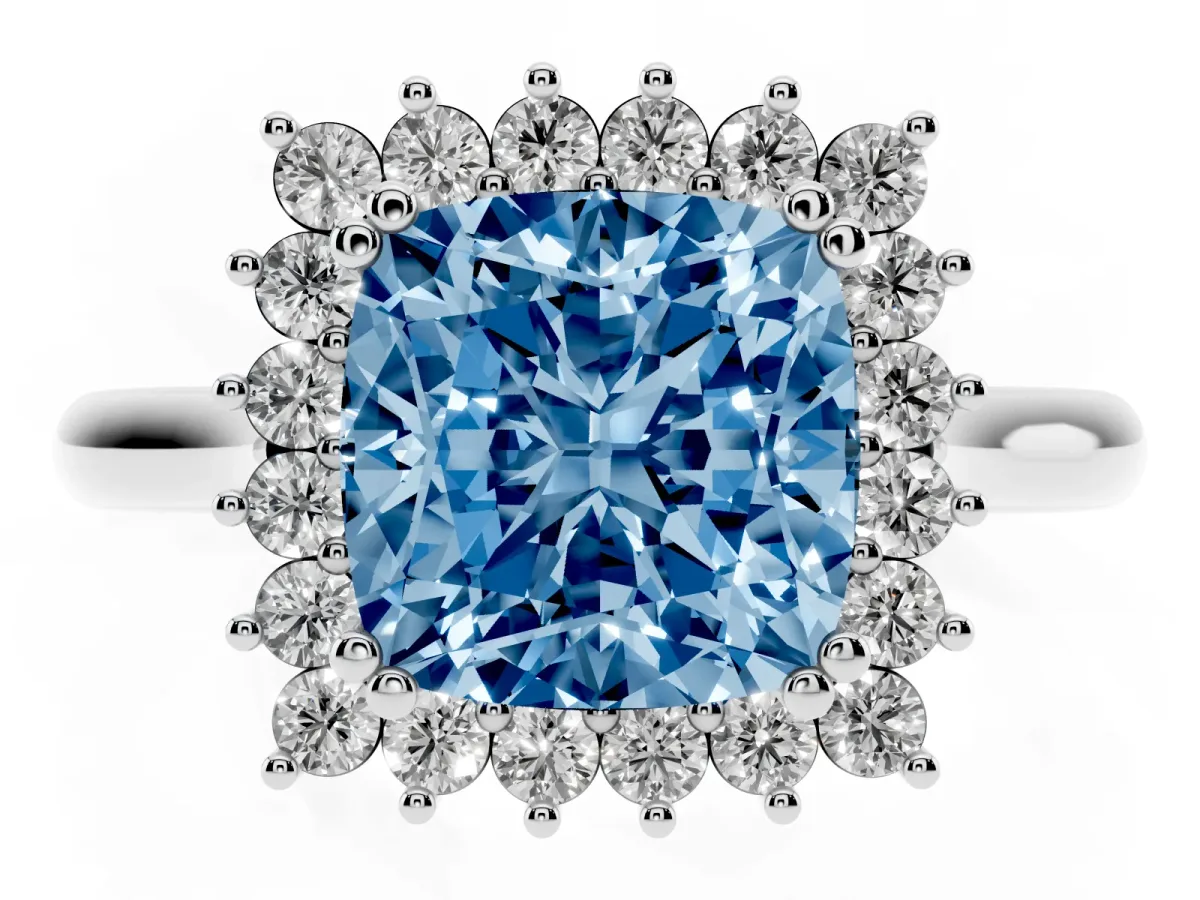 Fancy Blue Cushion Cut Cut Diamond Halo Ring with Solitaire Band and Prong Setting Platinum