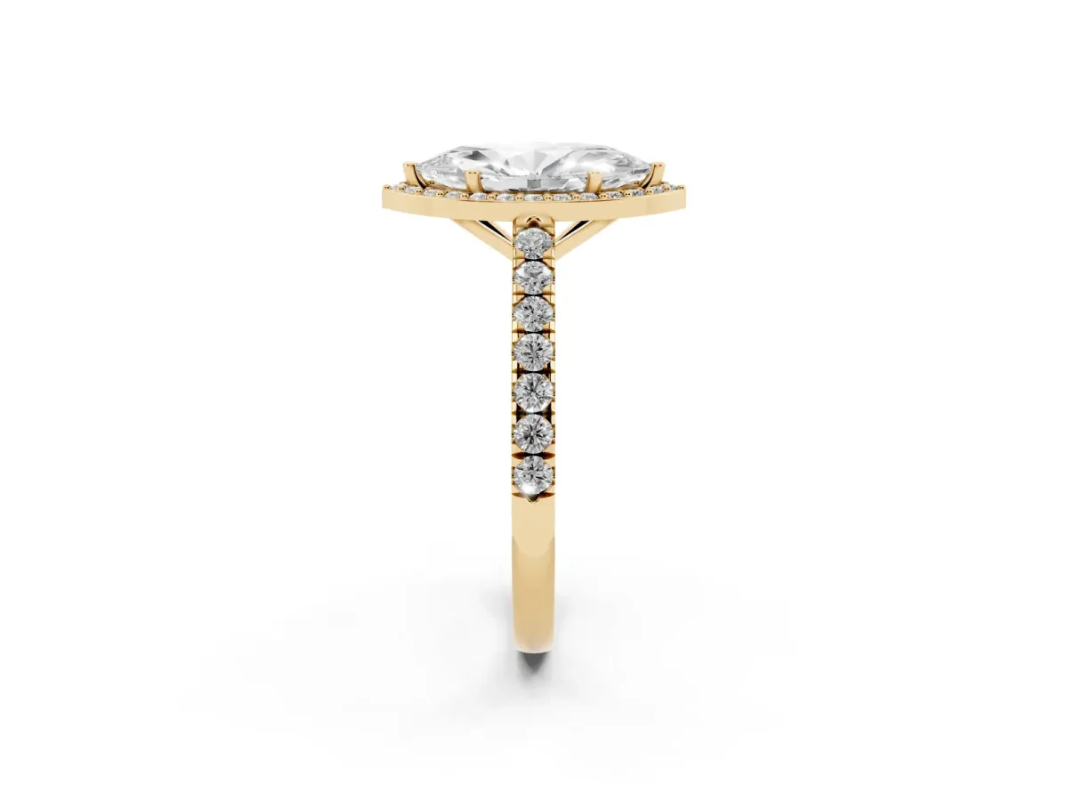 Marquise Cut Cut Halo Diamond Engagement Ring with Pave Band and Four-Prong Setting Yellow gold
