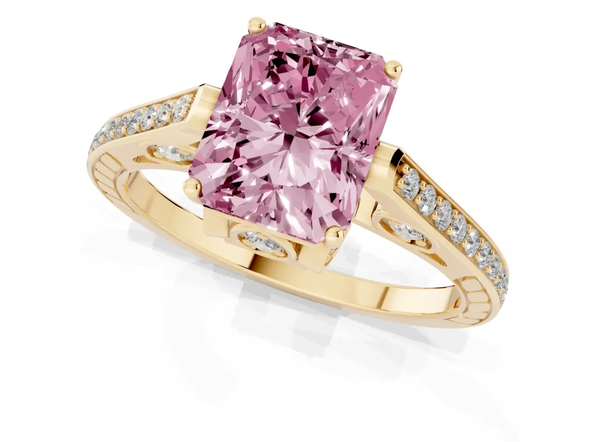 Fancy Pink Radiant Cut Cut Cathedral Pave Diamond Engagement Ring with Six-Prong Setting Yellow gold