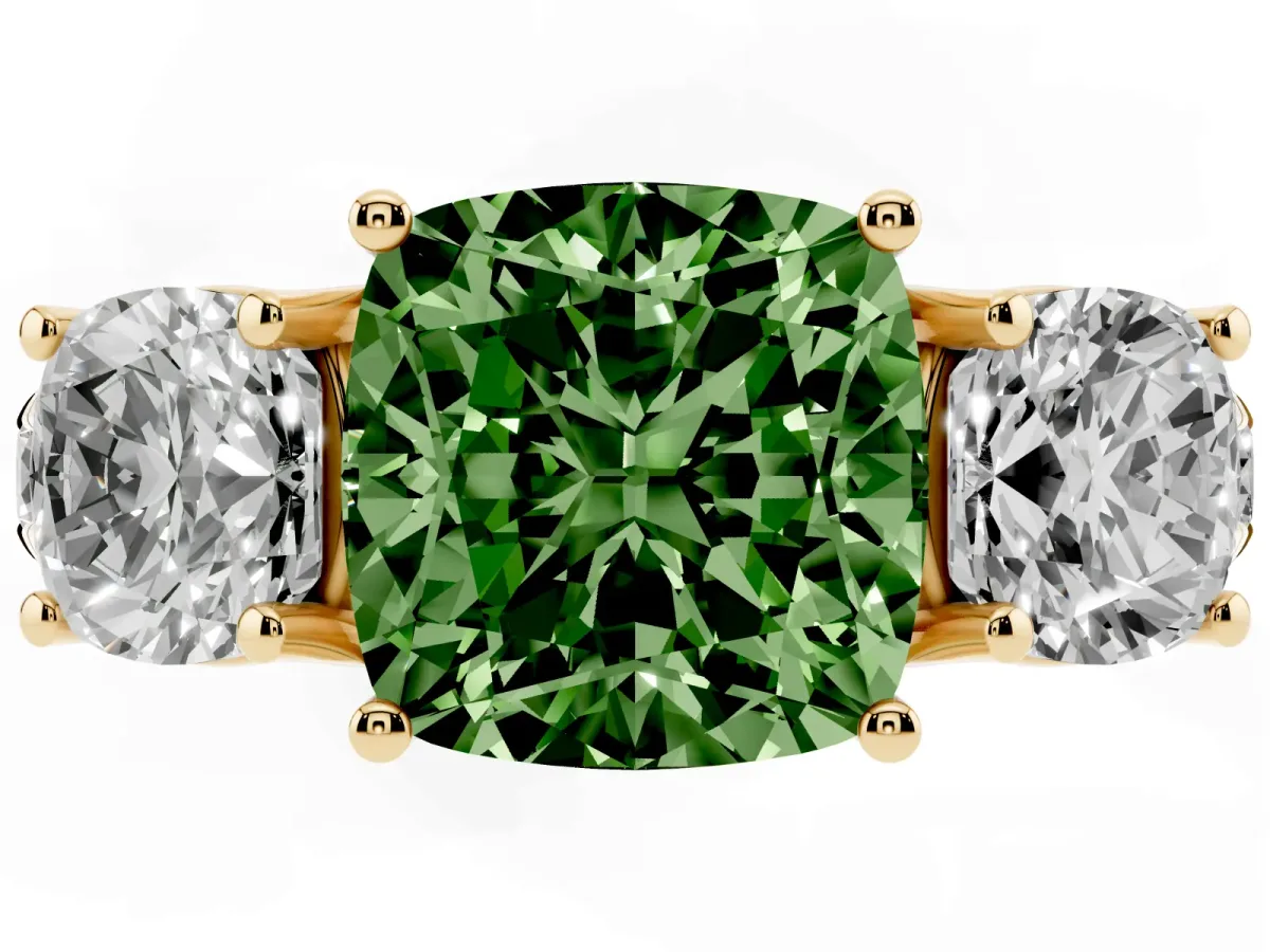 Fancy Green Three-Stone Cushion Cut Diamond Pavé Band with Prong Setting Yellow gold