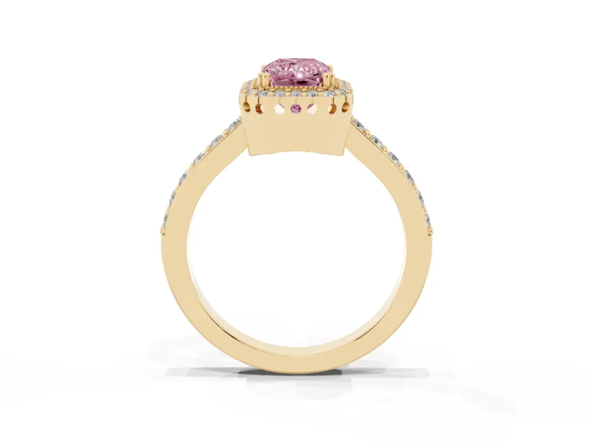 Fancy Pink Radiant Cut Cut Diamond Halo Engagement Ring with Milgrain Detail and Pavé Band Yellow gold