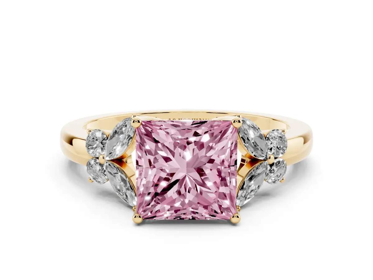 Fancy Pink Princess Cut Cut Solitaire Floral Diamond Ring with Four-Prong Setting Yellow gold