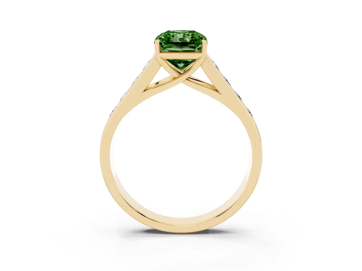 Fancy Green Radiant Cut Brilliant Channel-Set Solitaire Ring with Four-Prong Setting Yellow gold