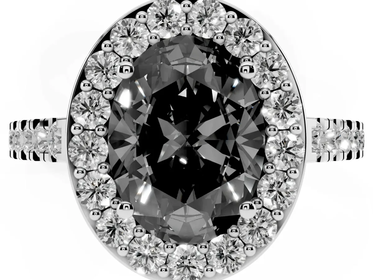 Fancy Black Oval Cut Diamond Halo Ring with Round Pavé Split Shank and Prong Setting Platinum