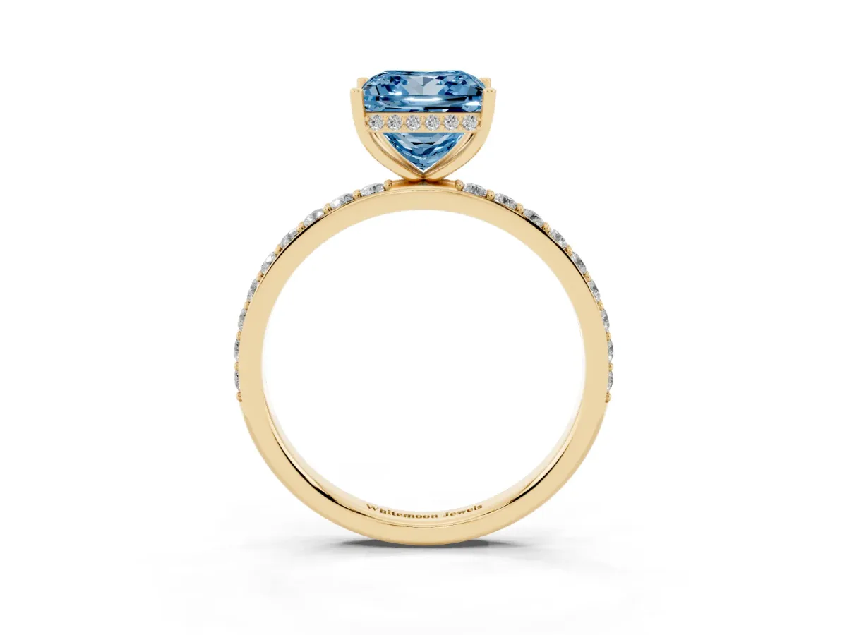Fancy Blue Princess Cut Diamond Solitaire Ring with Pavé Band and Hidden Halo Yellow gold
