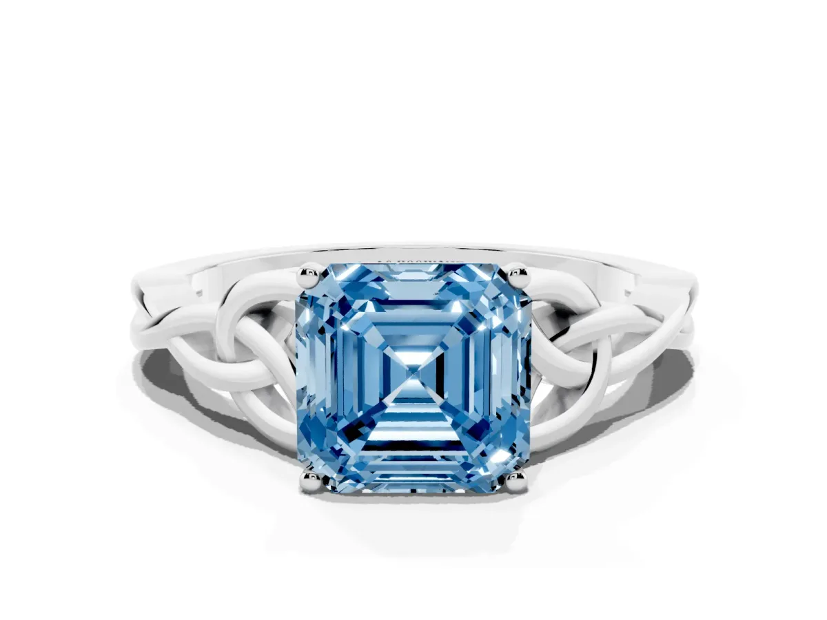 Fancy Blue Asscher Cut Diamond Solitaire Engagement Ring with Celtic Knot Band and Four-Prong Setting Silver