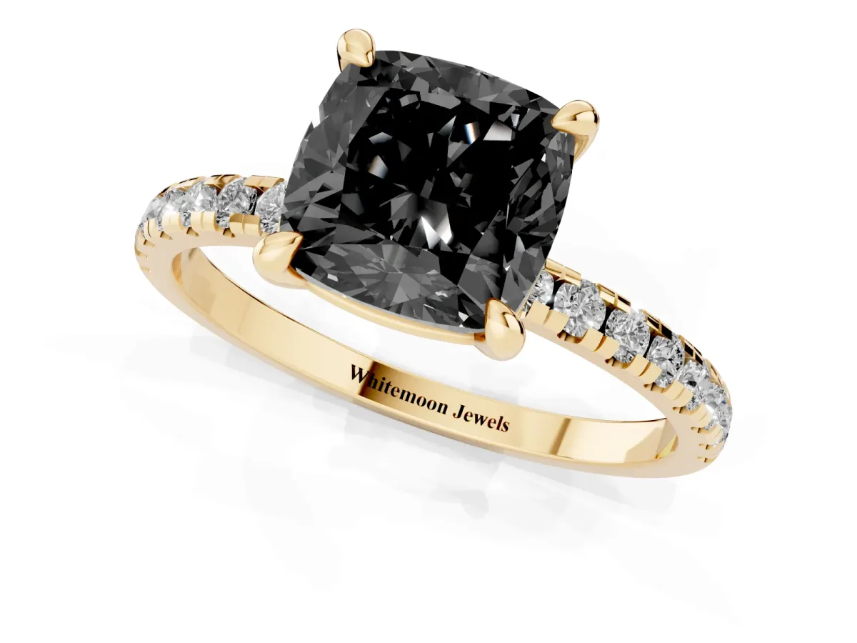 Fancy Black Cushion Cut Diamond Brilliant Solitaire Ring with Pavé Band and Four-Prong Setting Yellow gold