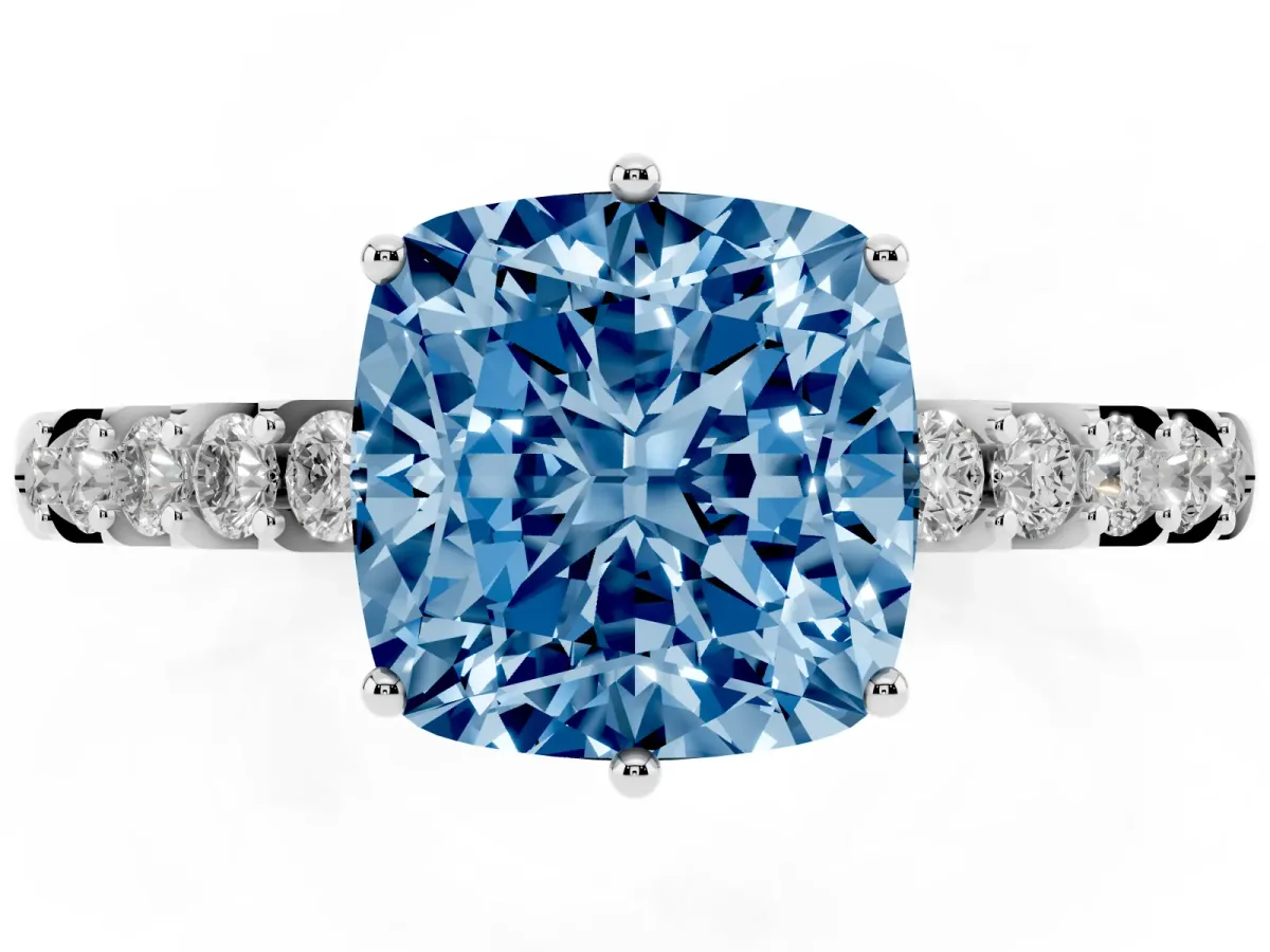 Fancy Blue Cushion Cut Solitaire Diamond Engagement Ring with Pavé Band and Six-Prong Setting Platinum