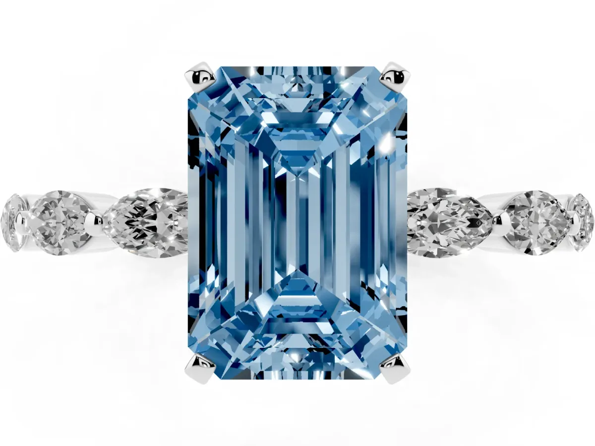 Fancy Blue Emerald Cut Diamond Ring with Marquise Side Stones and Prong Setting Platinum