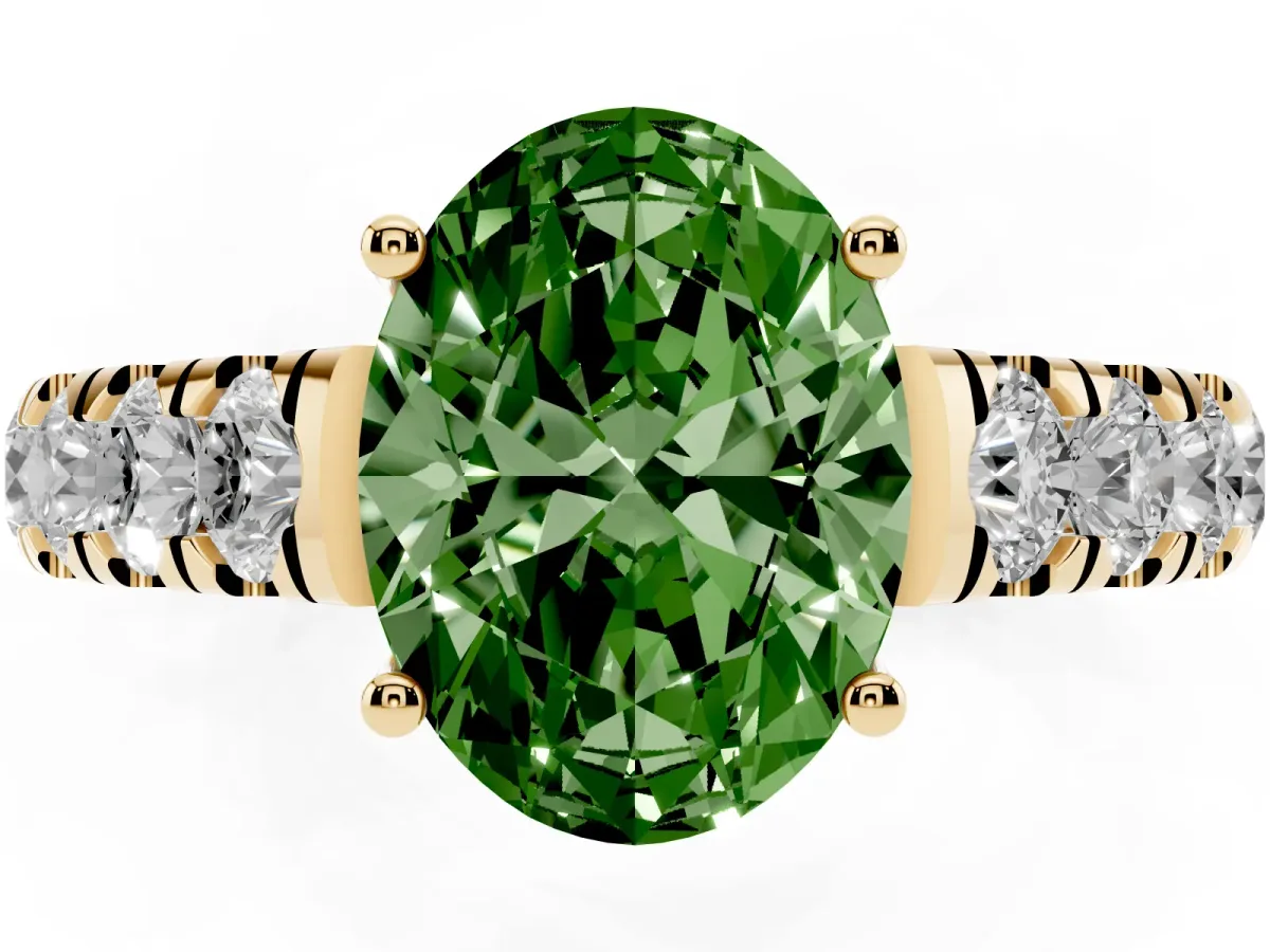 Fancy Green Oval Cut Cut Diamond Solitaire Ring with Micro Pave Band and Prong Setting Yellow gold