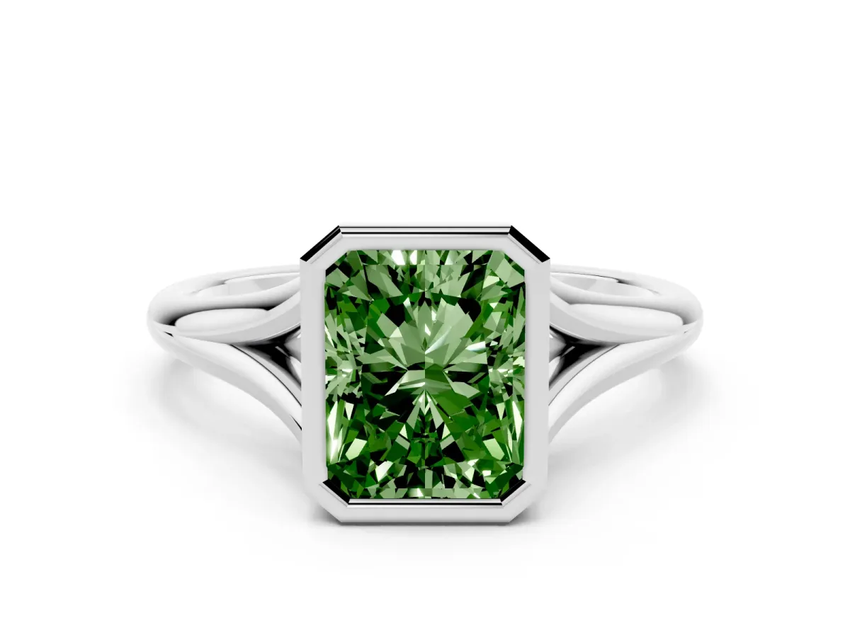 Fancy Green Bezel Set Radiant Cut Cut Solitaire Ring with Tapered Band Silver