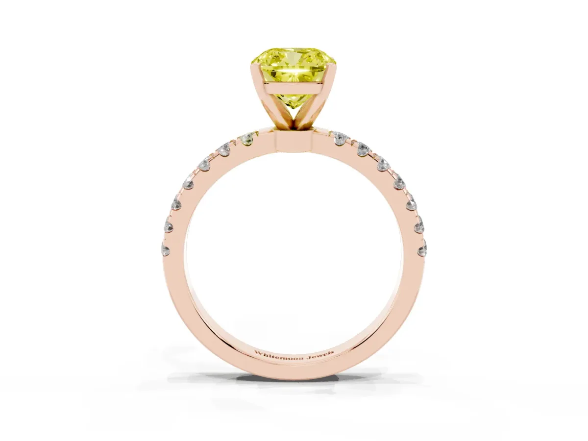 Fancy Yellow Cushion Cut Diamond Solitaire Ring with Pavé Accents and Four-Prong Setting Rose gold