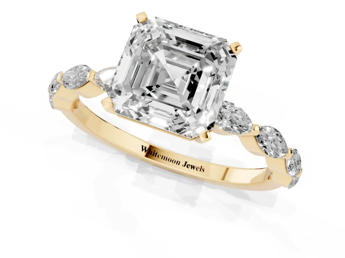 Asscher Cut Diamond Ring with Marquise Side Stones and Prong Setting Yellow gold
