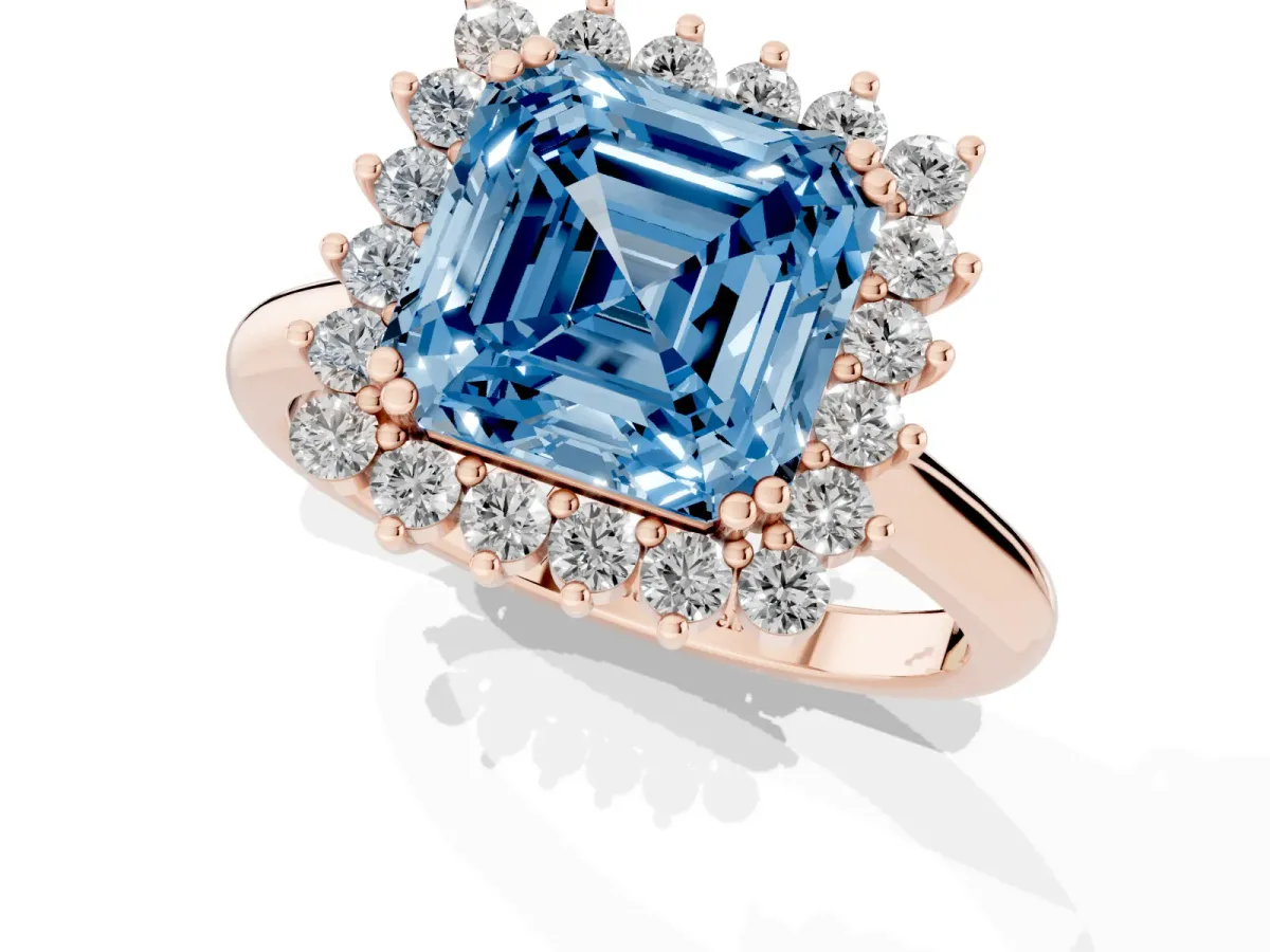 Fancy Blue Asscher Cut Cut Diamond Halo Ring with Solitaire Band and Prong Setting Rose gold