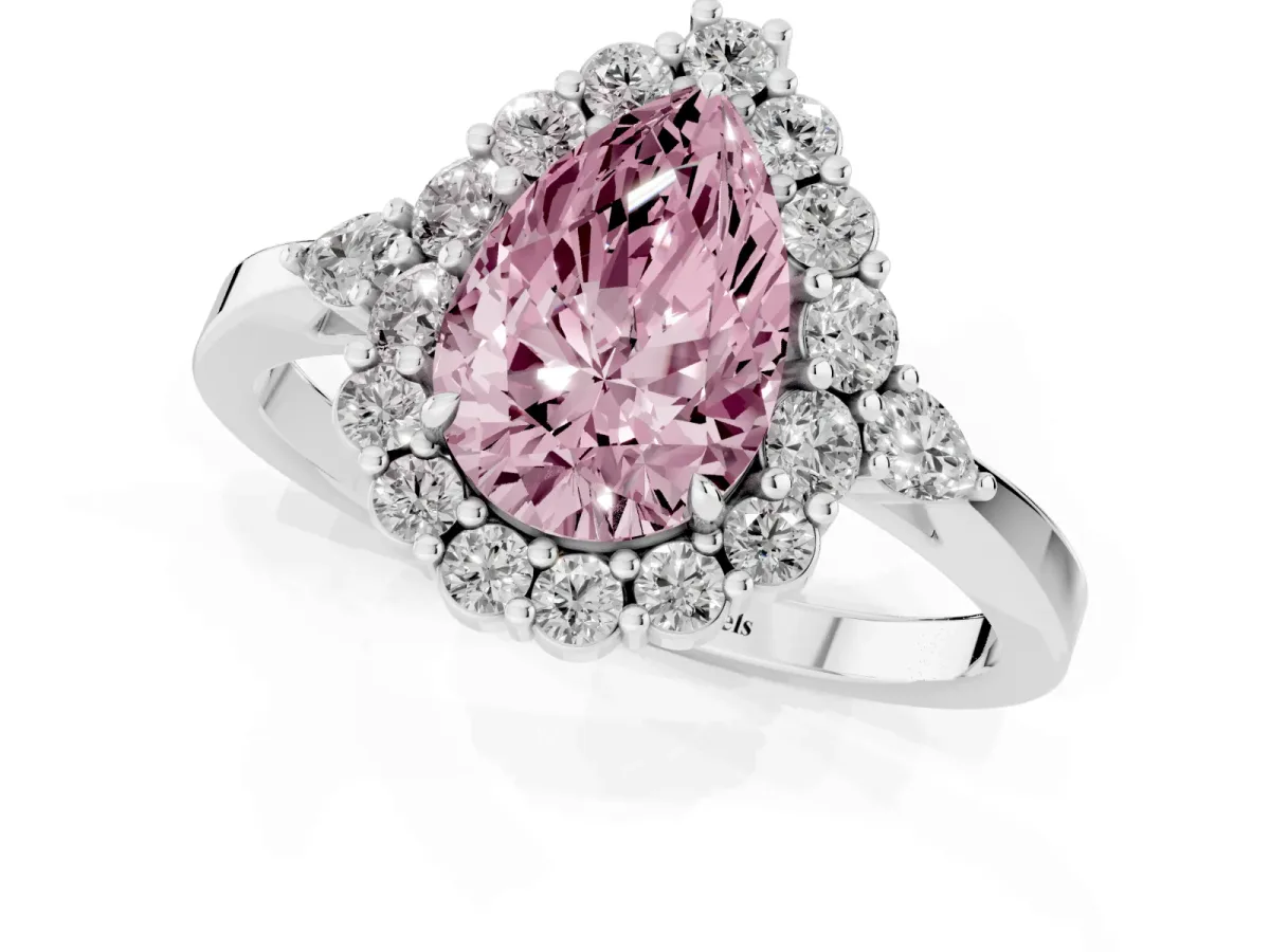 Fancy Pink Pear Cut Diamond Halo Ring with Pear Side Stones and Prong Setting Silver