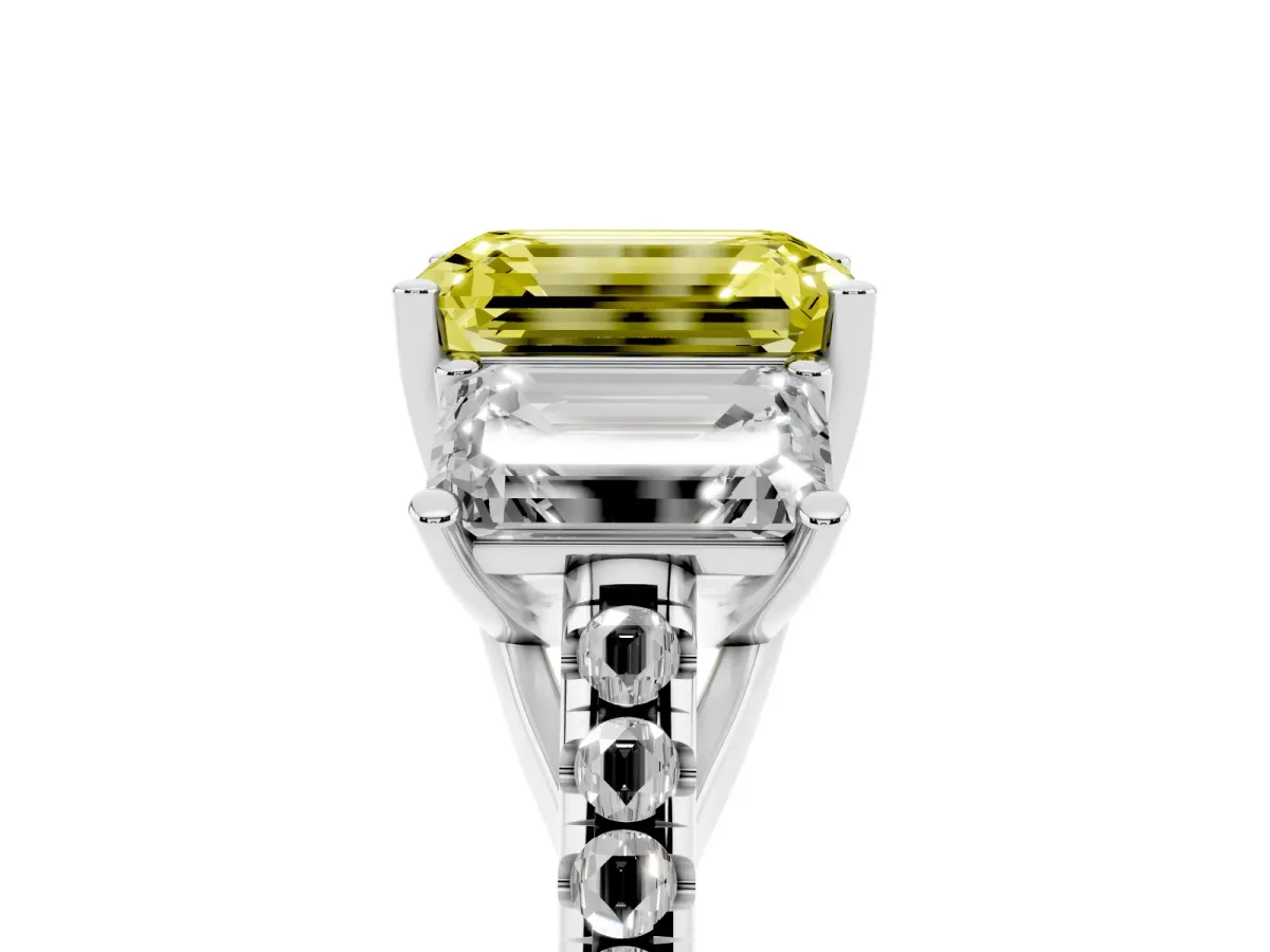 Fancy Yellow Three-Stone Emerald Cut Diamond Ring with Round Pavé Band and Prong Setting Silver