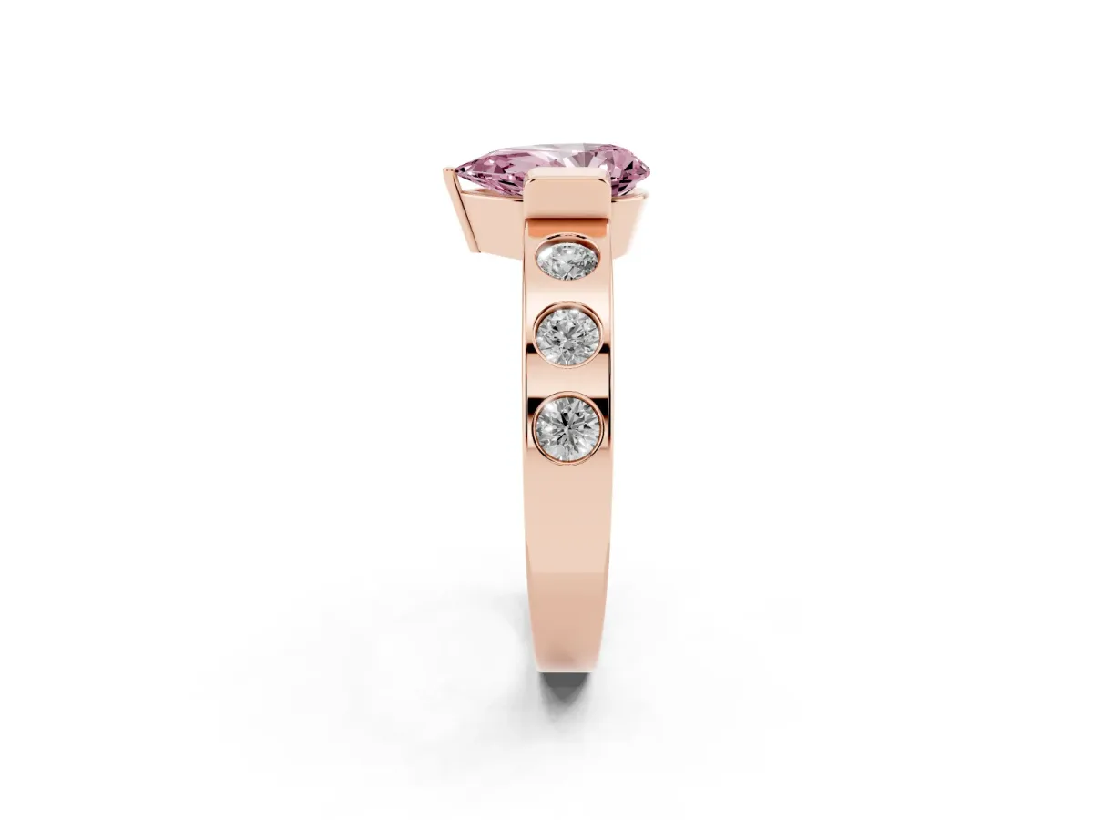 Fancy Pink Pear Cut Brilliant Channel-Set Diamond Ring with Bezel Prong Setting Rose gold
