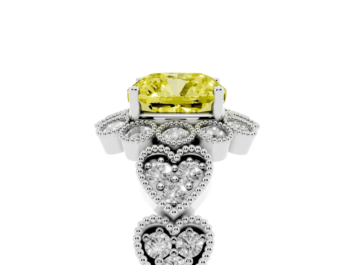 Fancy Yellow Cushion Cut Brilliant Milgrain Pave Heart Band Solitaire Ring White gold