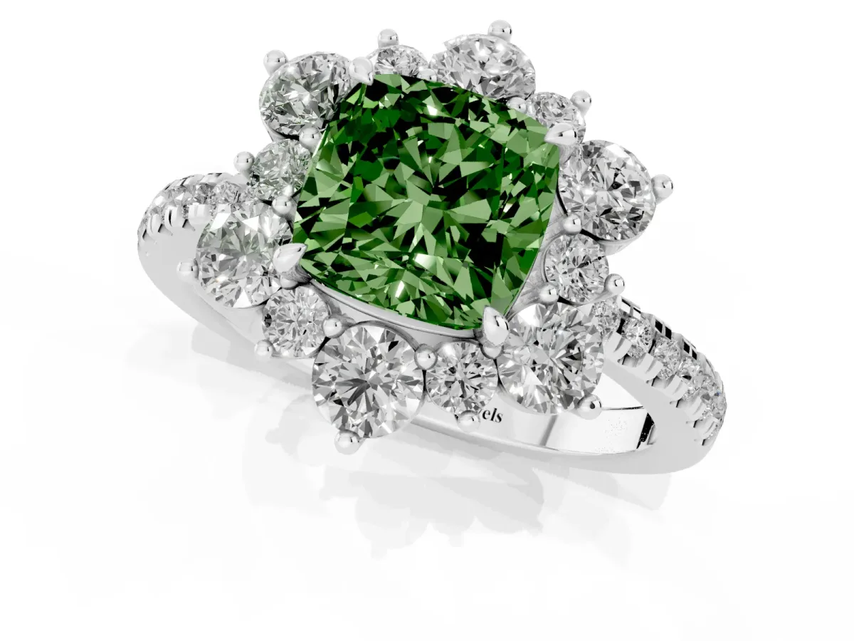 Fancy Green Cushion Cut Diamond Floral Halo Ring with Round Pavé Band and Prong Setting Silver