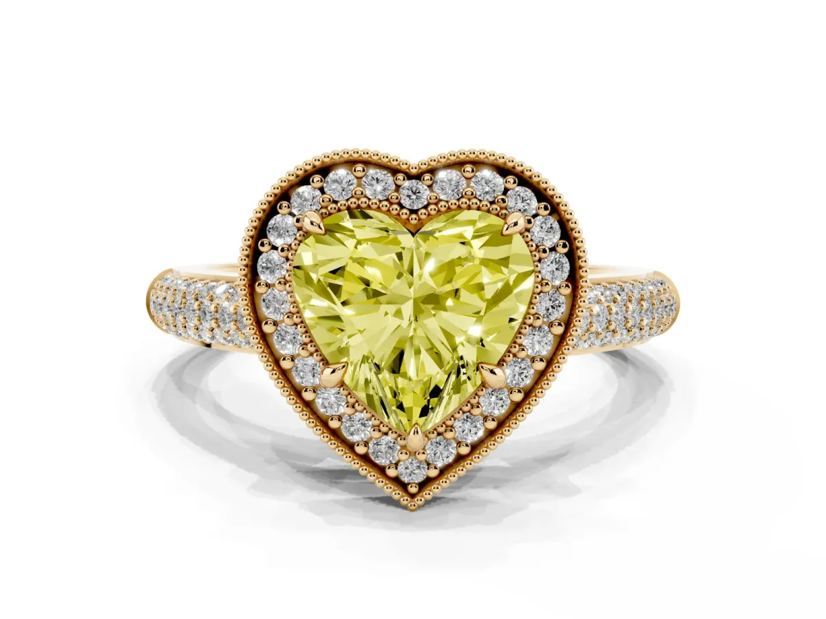 Fancy Yellow Heart Cut Cut Halo Diamond Pave Band with Four-Prong Setting Yellow gold