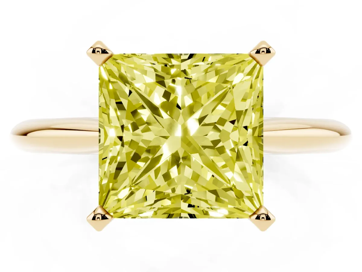Fancy Yellow Princess Cut Cut Solitaire Ring with Four-Prong Setting on a Classic Band Yellow gold