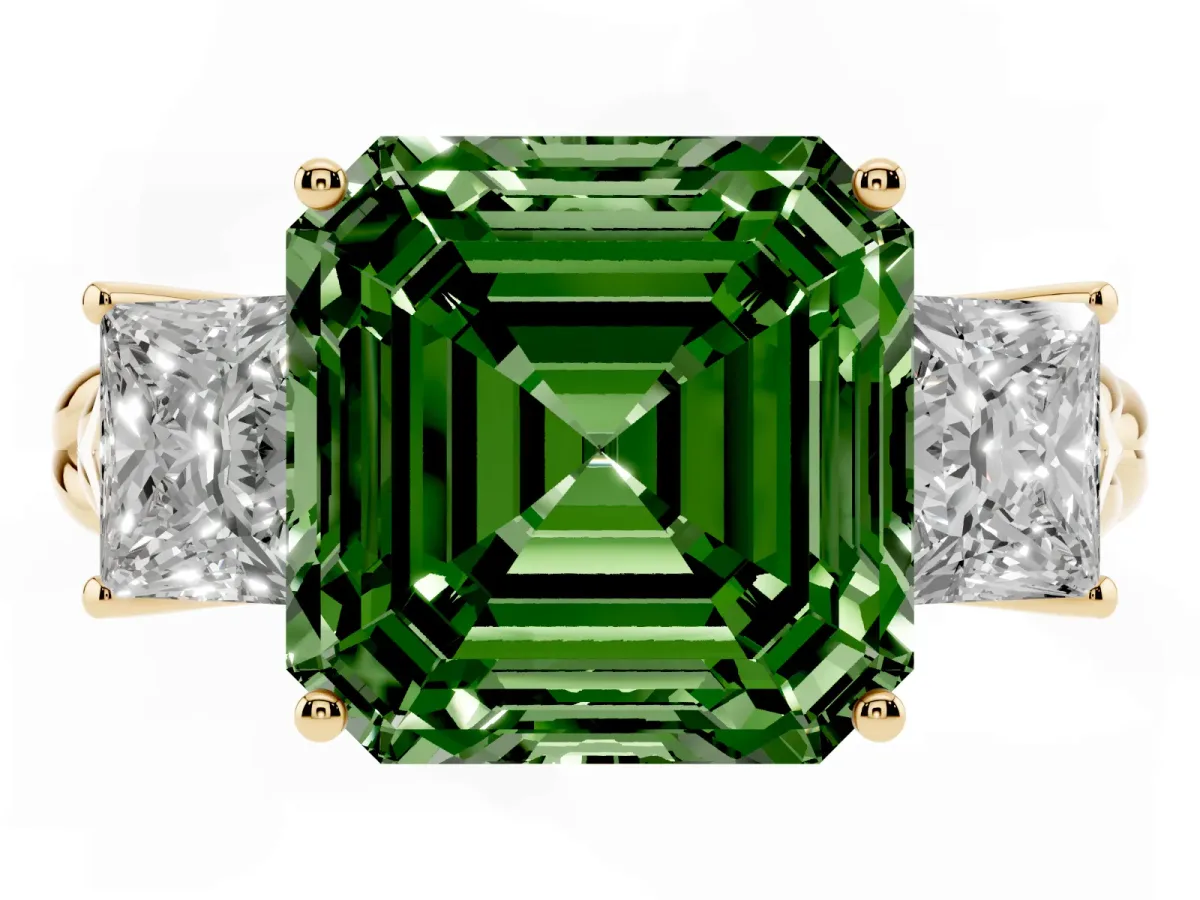 Fancy Green Three-Stone Asscher Cut Diamond Braided Band Ring with Four-Prong Setting Yellow gold