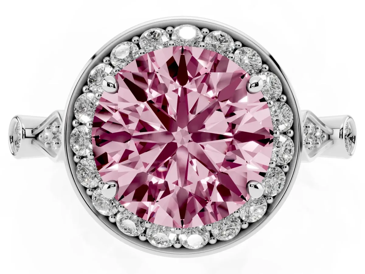 Fancy Pink Round Cut Halo Diamond Engagement Ring with Twisted Band and Four-Prong Setting Platinum