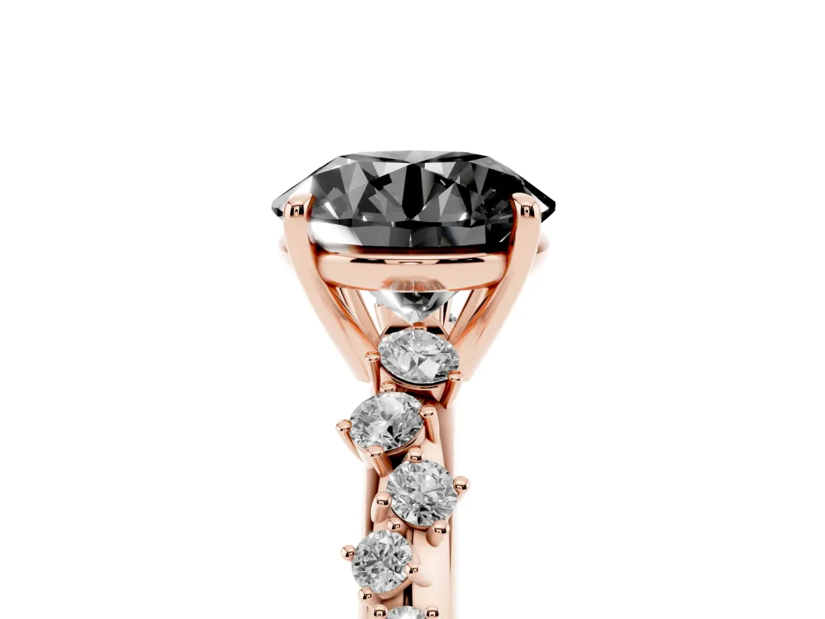 Fancy Black Round Cut Diamond Cluster Side Stone Solitaire Ring with Prong Setting Rose gold