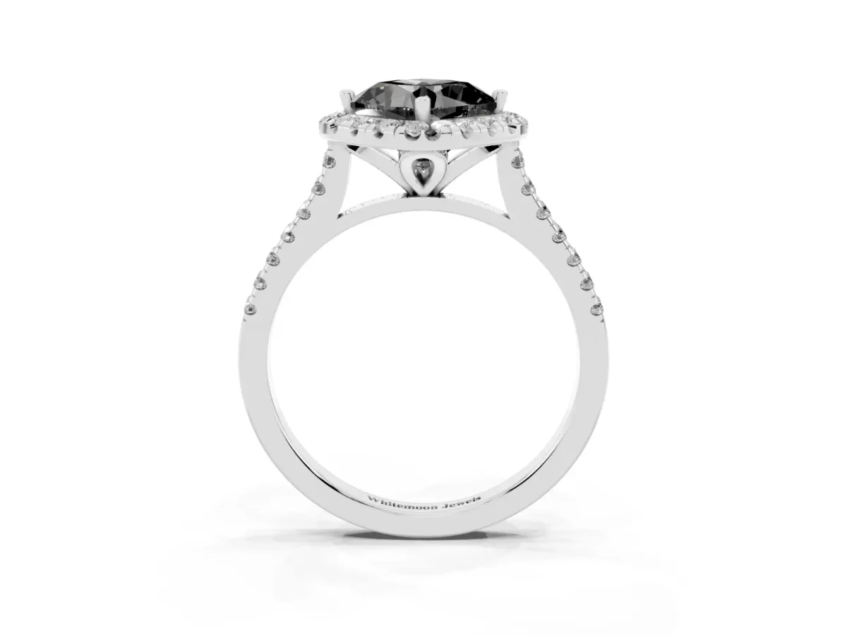 Fancy Black Cushion Cut Diamond Cushion Halo Ring with Pavé Band Silver
