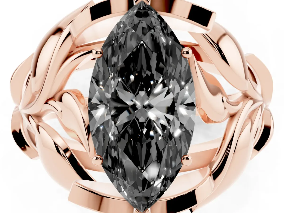 Fancy Black Marquise Cut Diamond Leaf-Inspired Engagement Ring with Round Accents and Prong Setting Rose gold