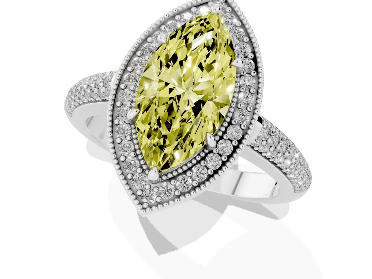 Fancy Yellow Marquise Cut Cut Halo Diamond Pave Band with Four-Prong Setting Silver