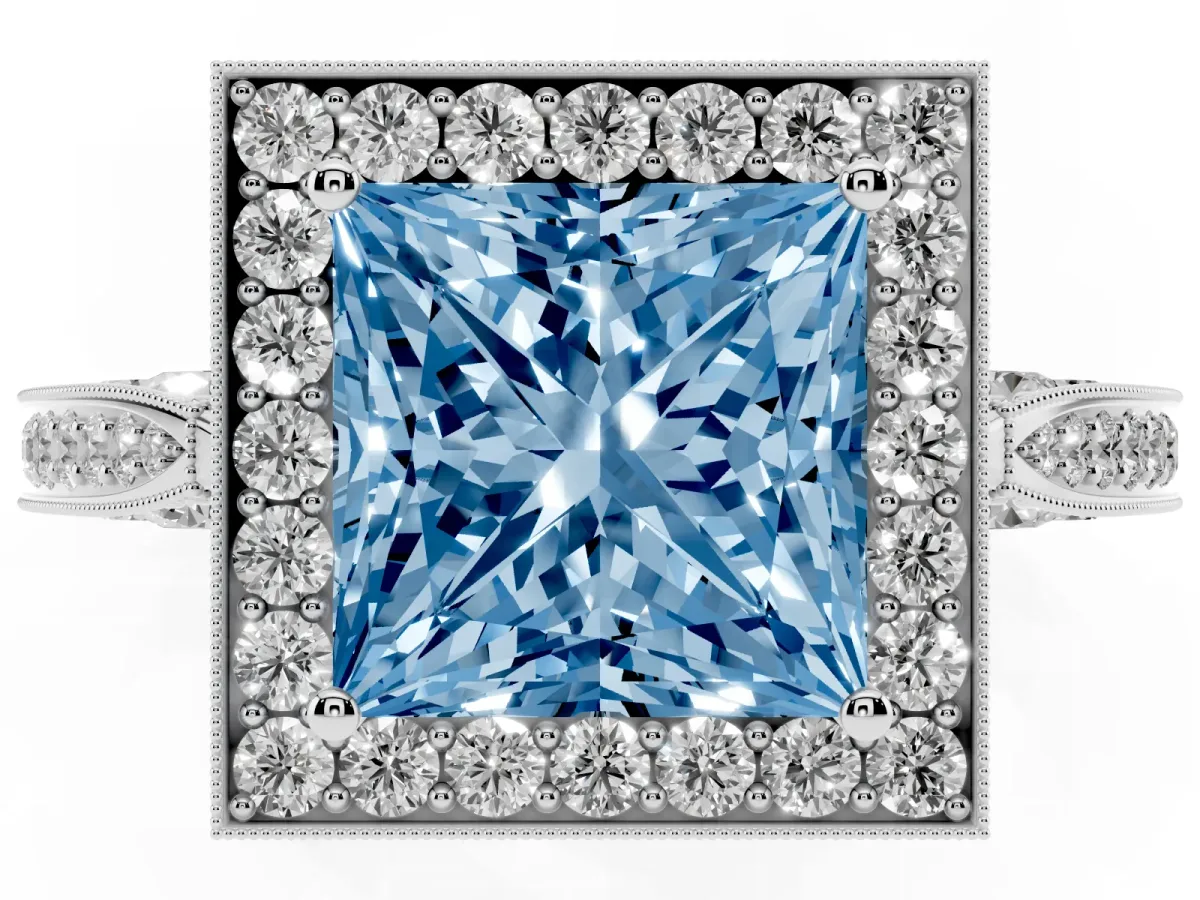 Fancy Blue Princess Cut Halo Diamond Engagement Ring with Split Shank Band and Four-Prong Setting Silver