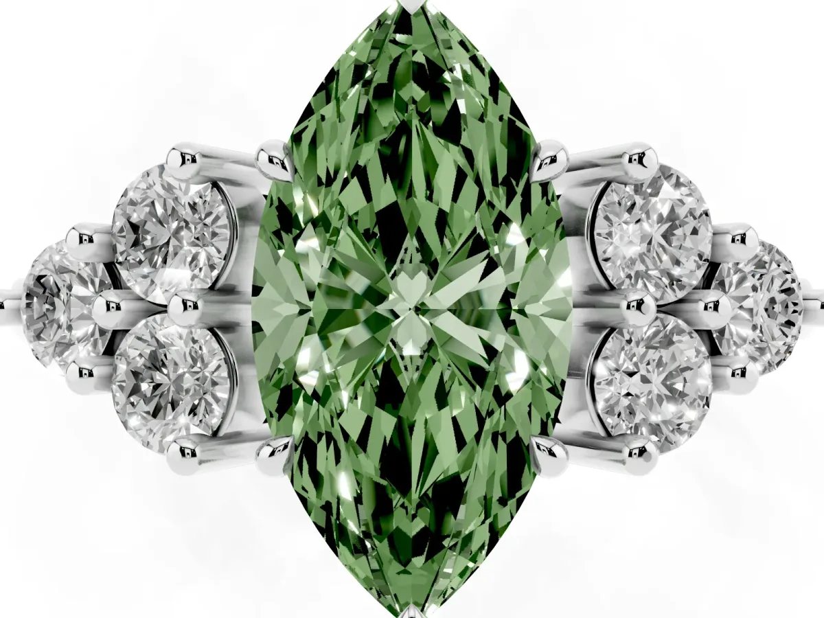 Fancy Green Marquise Cut Brilliant Diamond Cluster Accent Solitaire Ring with Prong Setting Silver
