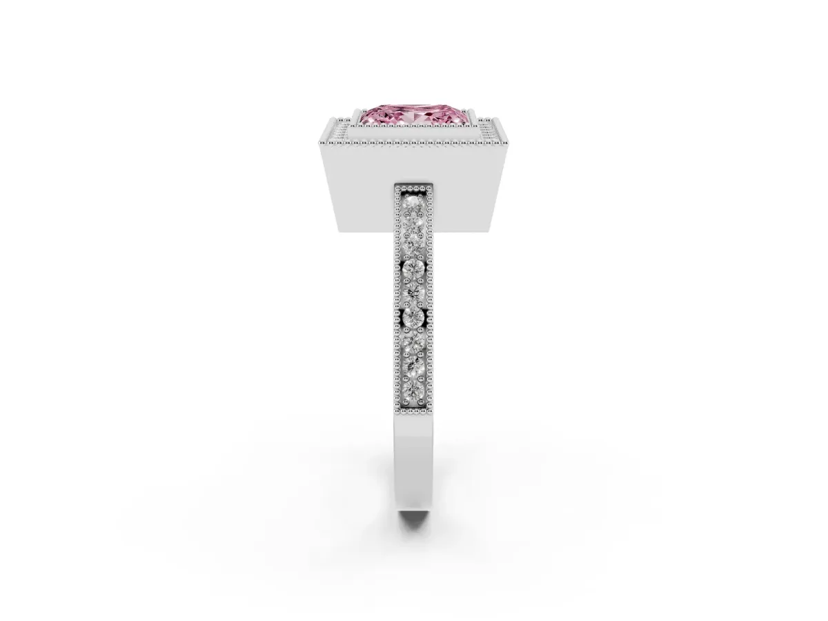 Fancy Pink Princess Cut Cut Halo Diamond Ring with Pavé Band and Milgrain Prong Setting Platinum