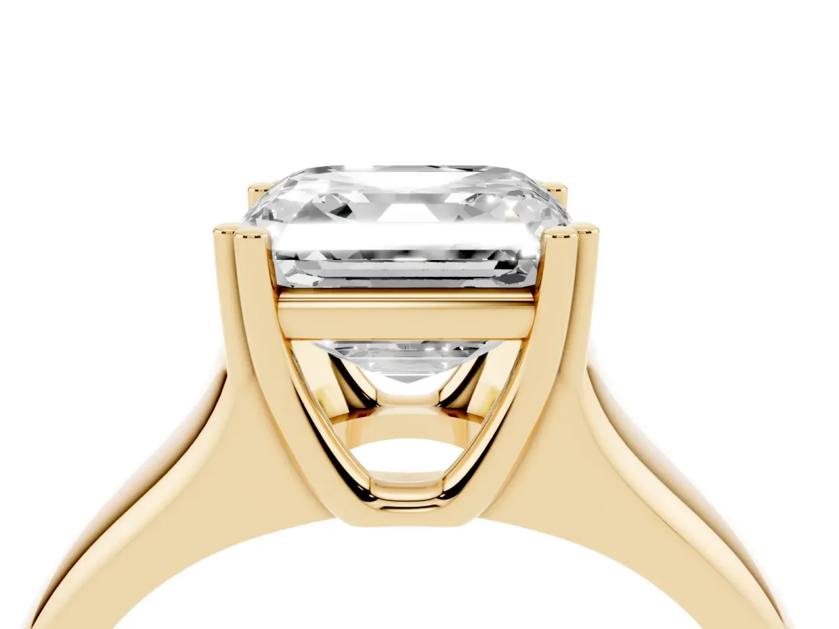 Asscher Cut Diamond Solitaire Ring with Wide Band and Prong Setting Yellow gold