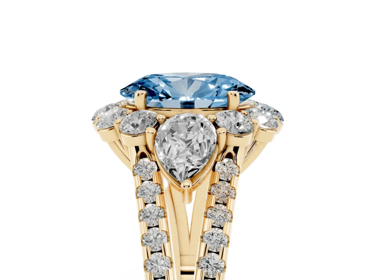 Fancy Blue Oval Cut Halo Split Shank Diamond Engagement Ring with Prong Setting Yellow gold