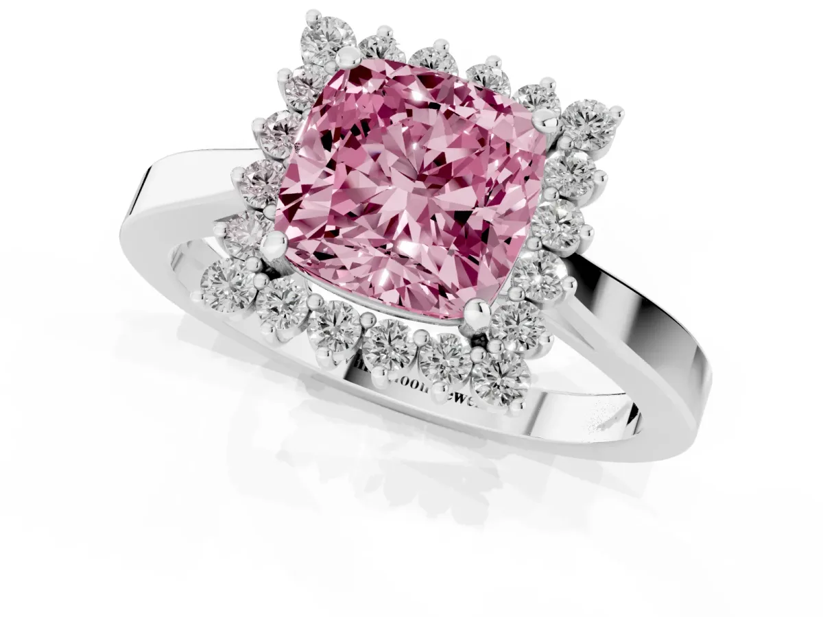 Fancy Pink Cushion Cut Cut Diamond Halo Ring with Round Brilliant Halo and Solitaire Band Platinum