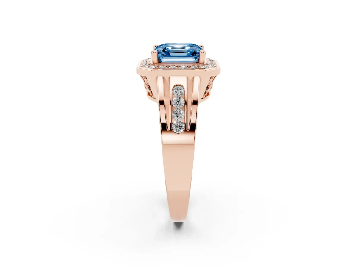 Fancy Blue Asscher Cut Diamond Halo Ring with Split Shank and Bezel Accents and Prong Setting Rose gold