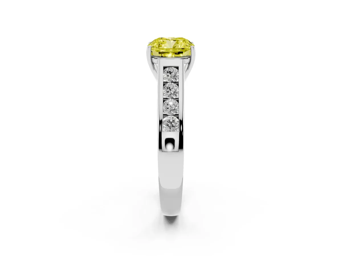 Fancy Yellow Cushion Cut Brilliant Channel-Set Solitaire Ring with Four-Prong Setting Platinum