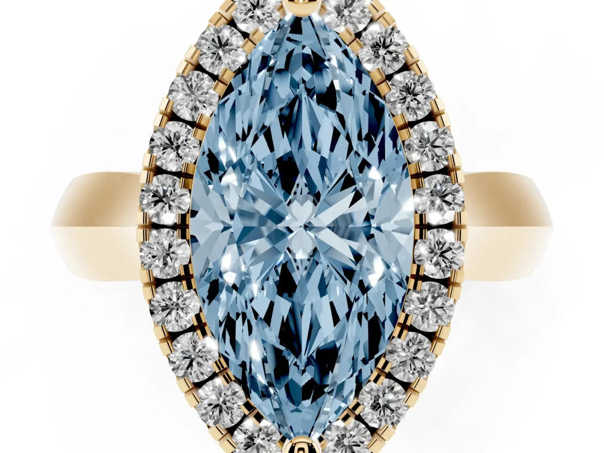 Fancy Blue Marquise Cut Cut Halo Solitaire Engagement Ring with Square Band and Four-Prong Setting Yellow gold