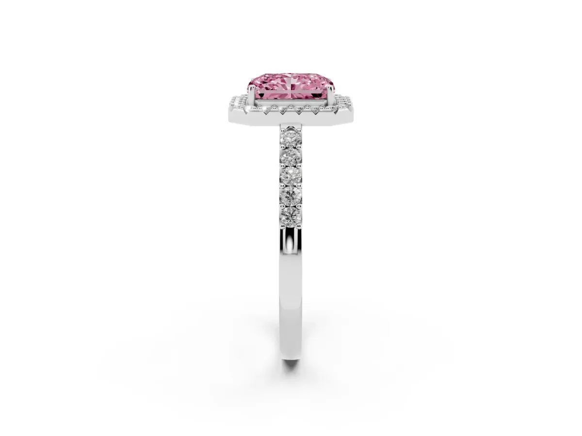 Fancy Pink Radiant Cut Halo Diamond Pavé Solitaire Ring Platinum