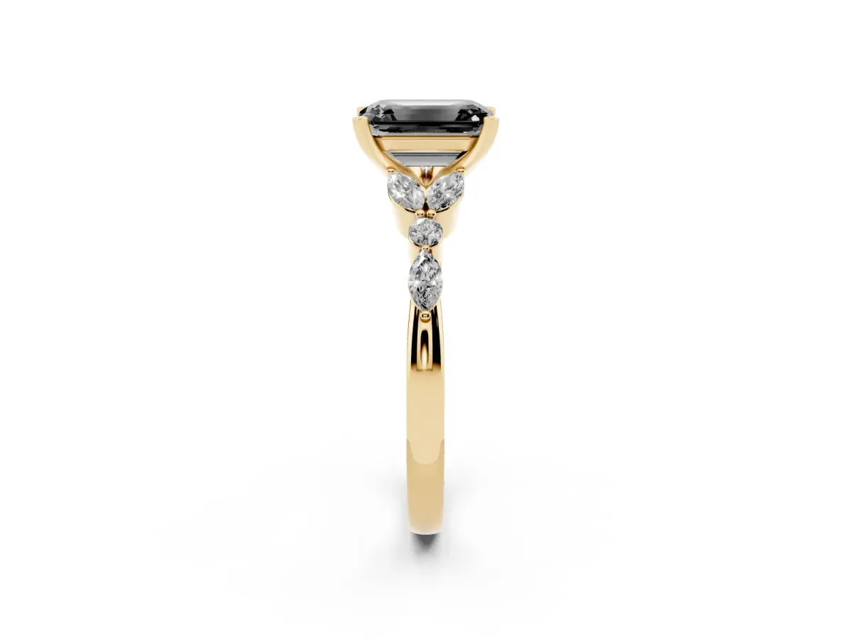 Fancy Black Emerald Cut Diamond Solitaire Ring with Side Stones and Four-Prong Setting Yellow gold