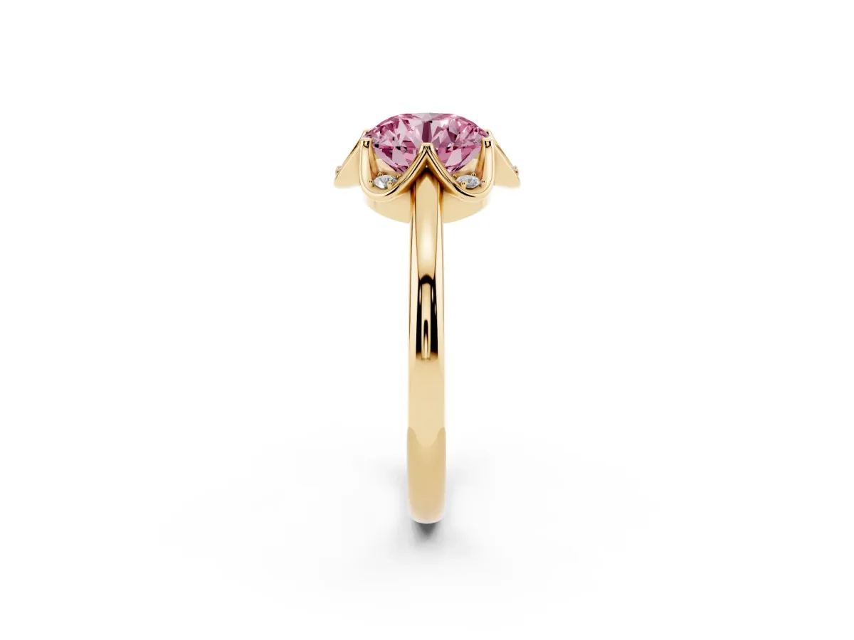 Fancy Pink Round Cut Halo Diamond Ring with Round Cluster Setting, Solitaire Band, and Four-Prong Setting Yellow gold