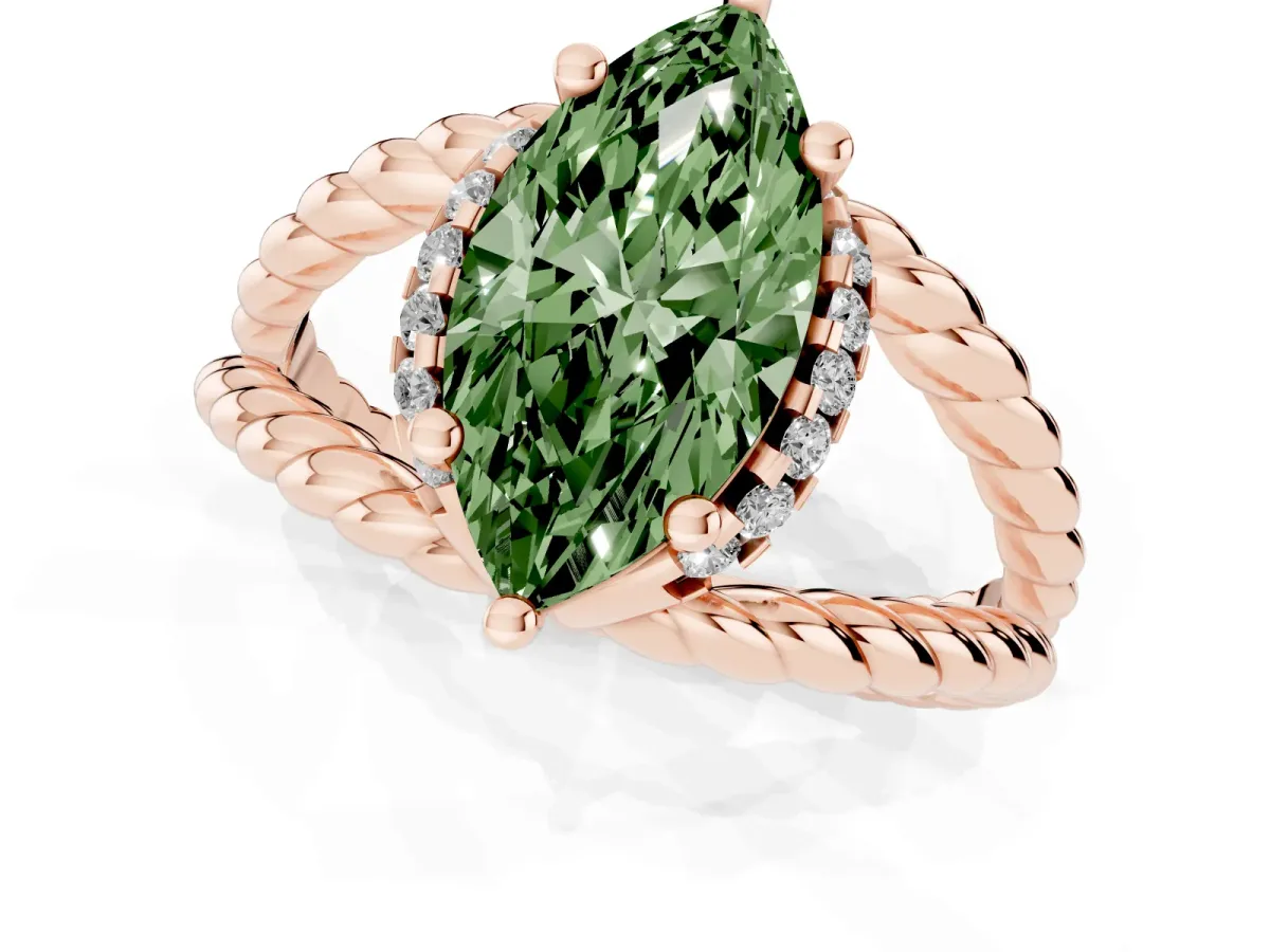 Fancy Green Marquise Cut Halo Twisted Band Four-Prong Ring Rose gold