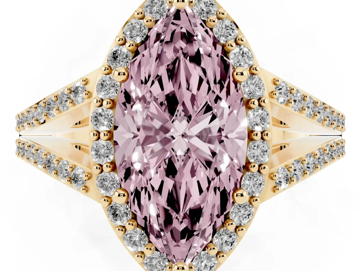 Fancy Pink Marquise Cut Halo Split Shank Diamond Ring with Prong Setting Yellow gold