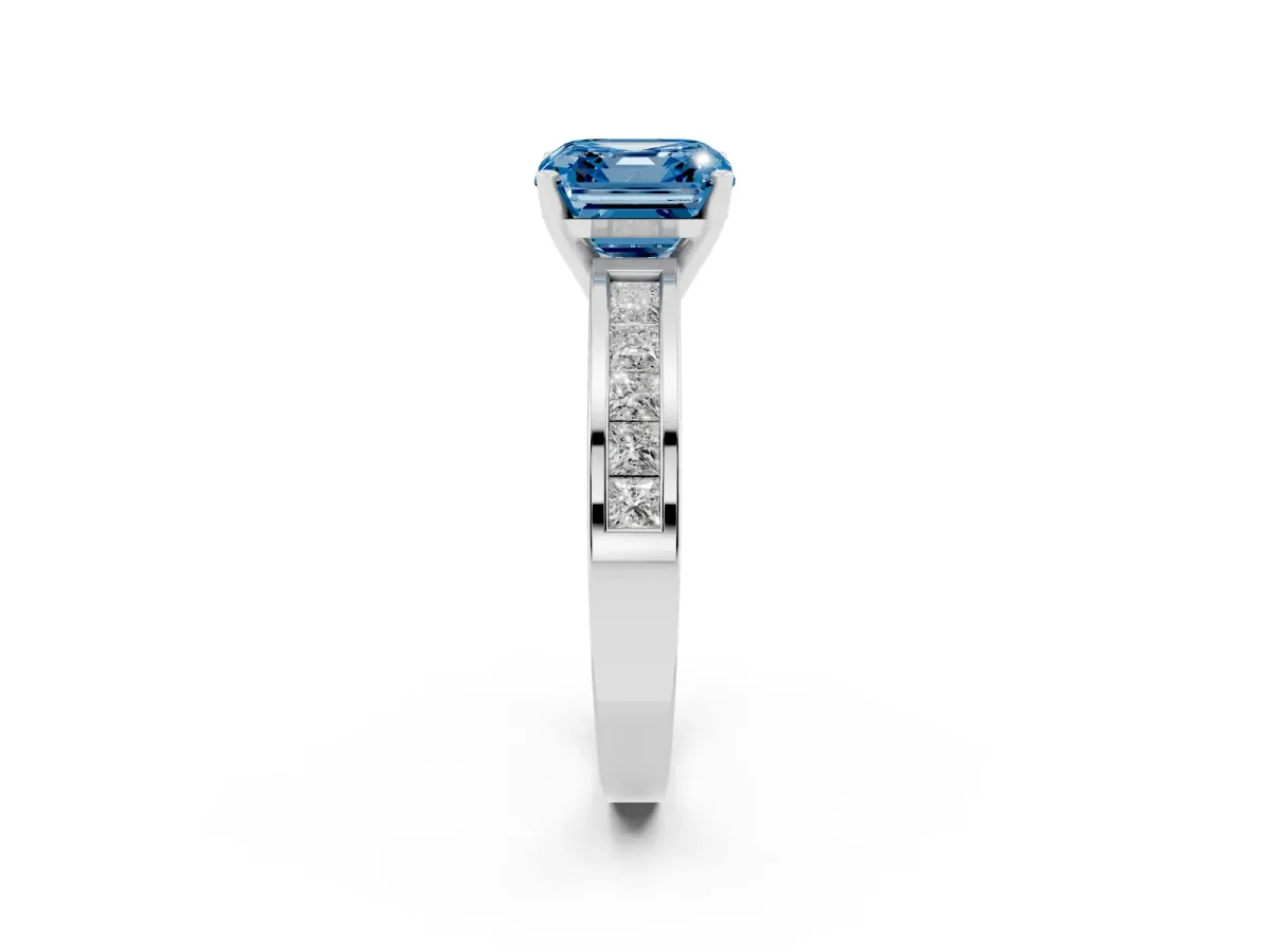 Fancy Blue Asscher Cut Solitaire Diamond Ring with Channel-Set Band and Four-Prong Setting Silver