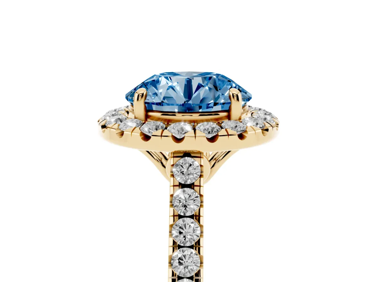 Fancy Blue Round Cut Halo Pavé Diamond Engagement Ring with Four-Prong Setting Yellow gold