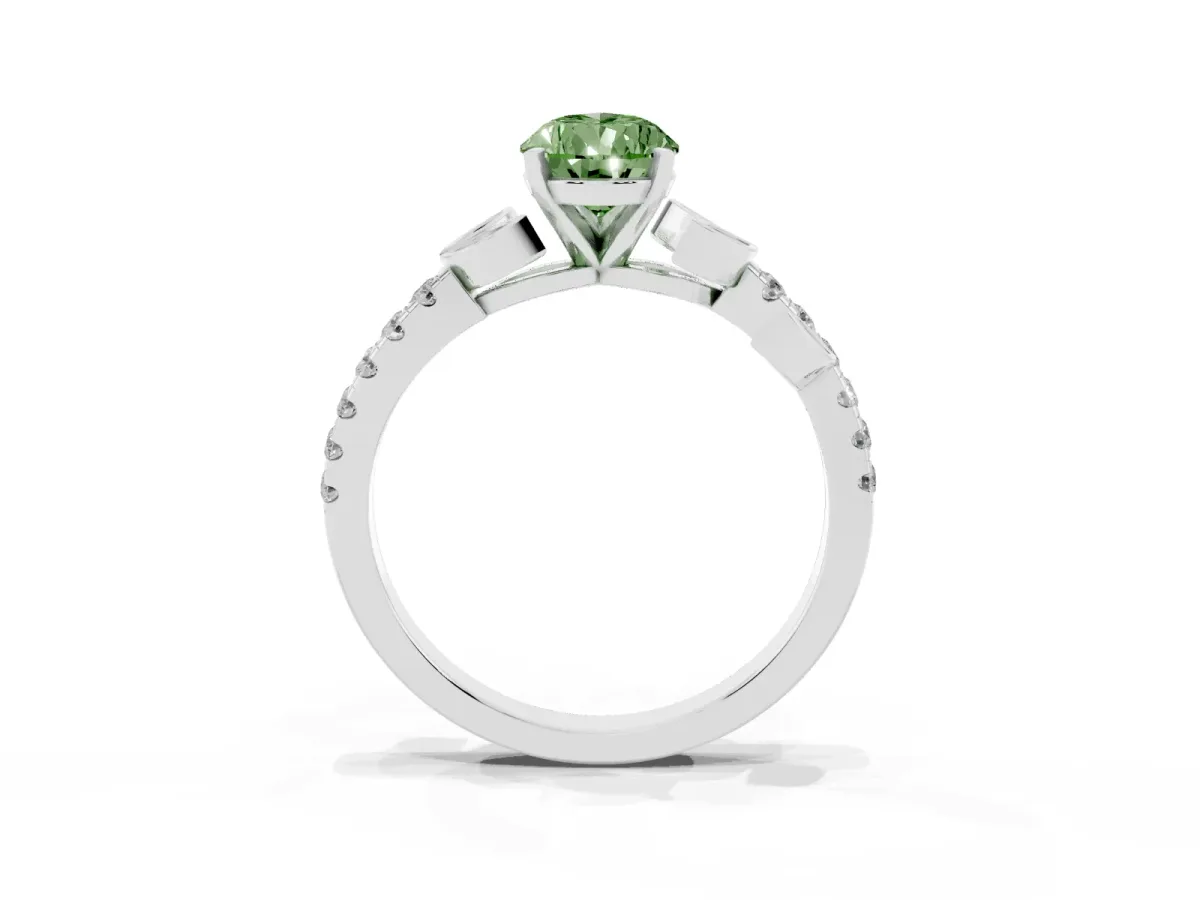 Fancy Green Pear Cut Solitaire Leaf-Inspired Diamond Ring with Pavé Band and Four-Prong Setting Silver