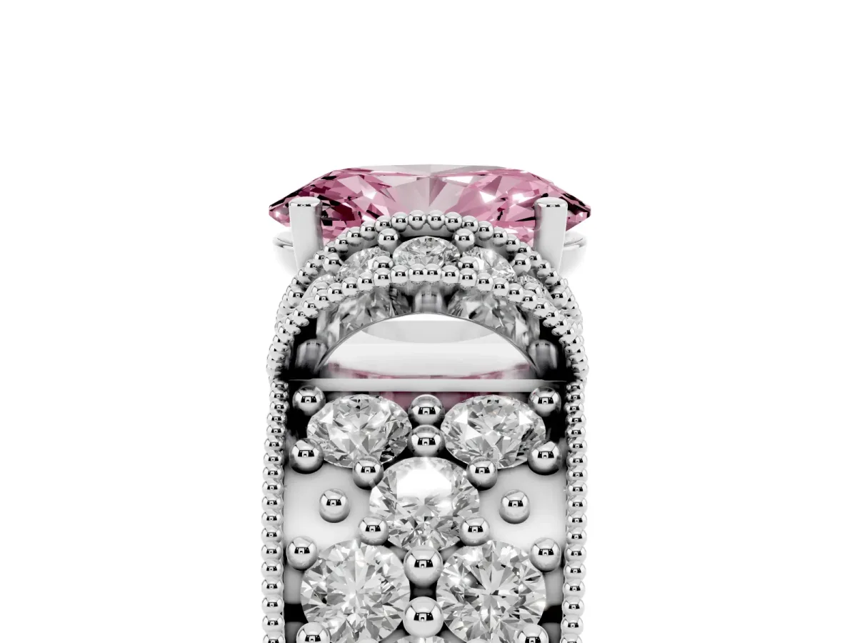 Fancy Pink Oval Cut Halo Pave Diamond Engagement Ring with Milgrain Detailing Silver